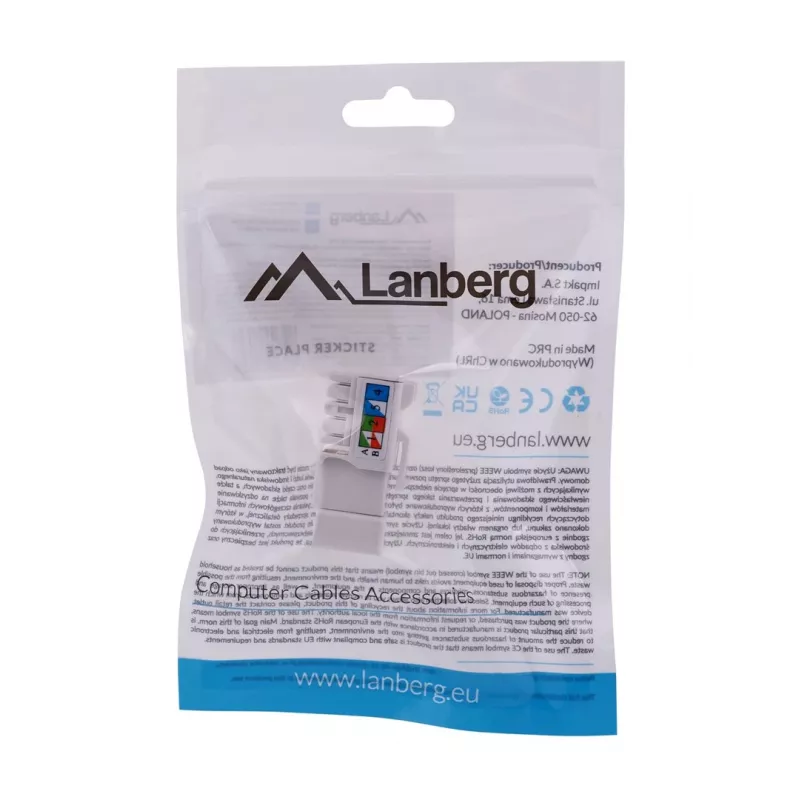 Moduł keystone LANBERG KSU6-1090, Cat6 U/UTP płaski, RJ-45 męski do LSA żeńskiego, AWG 22/26, 14.5×16.1 mm, biały