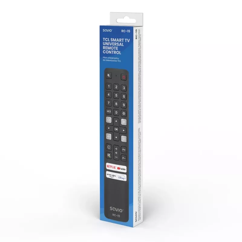 Uniwersalny pilot zdalnego sterowania SAVIO RC-15 do telewizorów TCL SMART TV, bezprzewodowy IR, czarny, zasięg 10 m