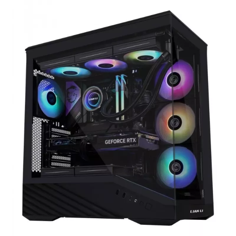 Obudowa PC Lian Li Vector V100 Midi Tower — Czarna z przezroczystym panelem, obsługa 3×120 mm wentylatorów bocznych + 1×120 mm tylnego, HDD 3,5 cala, SSD 2,5 cala, 235,5×446×484,6 mm