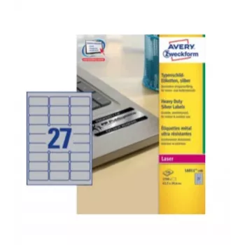 Avery Durable Heavy Duty L6011 - Polyester - trwały klej - Srebrny - 63,5 x 29,6 mm 2700 etykiet (100 arkuszy x 27) Etykiety (L6011-100)
