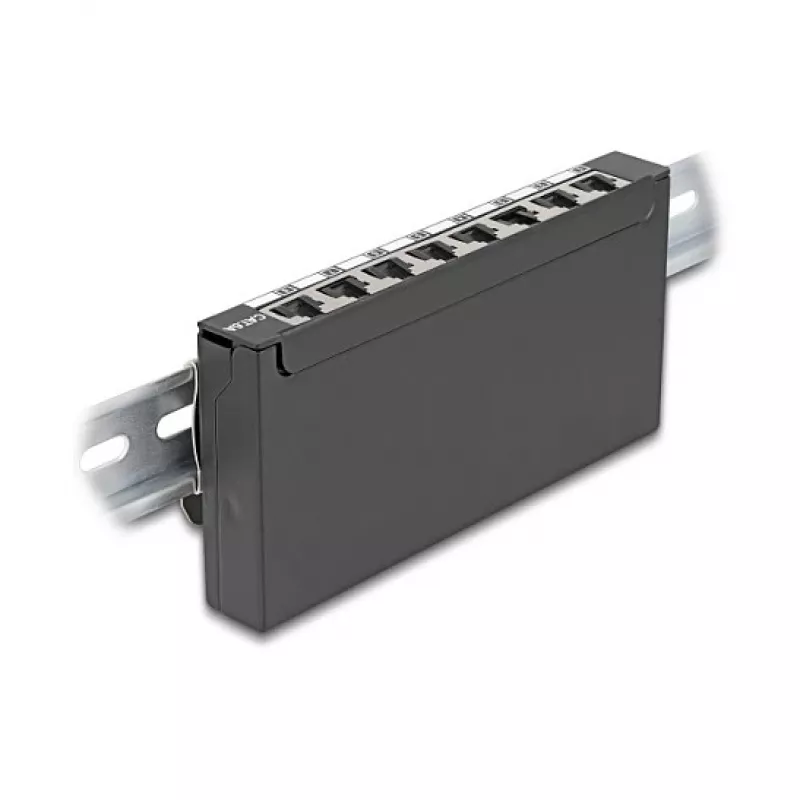 Patch panel DELOCK Mini Desktop RJ45 8-portowy Cat.6A ekranowany czarny do montażu na stole, ścianie lub szynie DIN