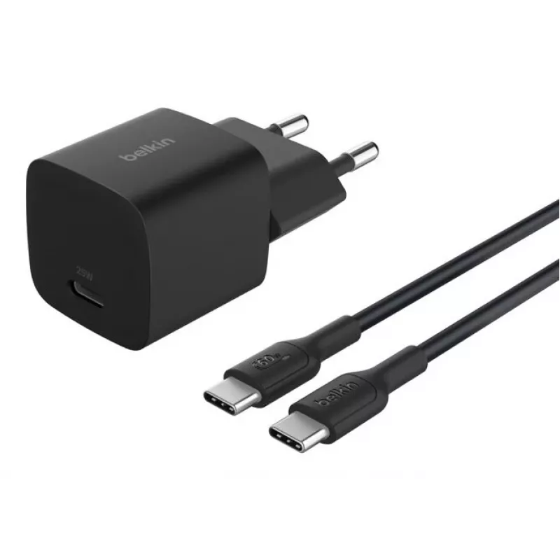 Ładowarka sieciowa Belkin BoostCharge 25W USB-C PD/PPS, kabel 1 m, czarna — do konsol przenośnych, smartfonów, tabletów
