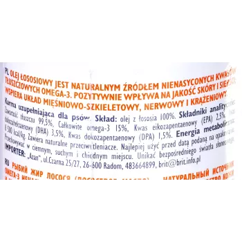 Olej odżywczy Brit Care BRIT 1000 ml — suplement na skórę i sierść dla psów i kotów, butelka 1 L