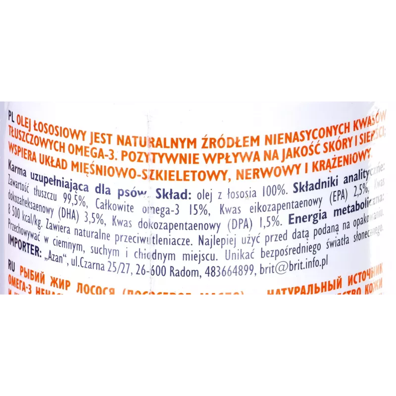 Olej odżywczy Brit Care BRIT 1000 ml — suplement na skórę i sierść dla psów i kotów, butelka 1 L