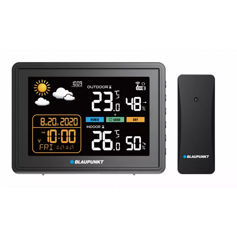 Stacja pogodowa BLAUPUNKT WS30BK z bezprzewodowym czujnikiem zewnętrznym, kolorowy LCD, zegar, alarm, barometr, °C, 1 czujnik