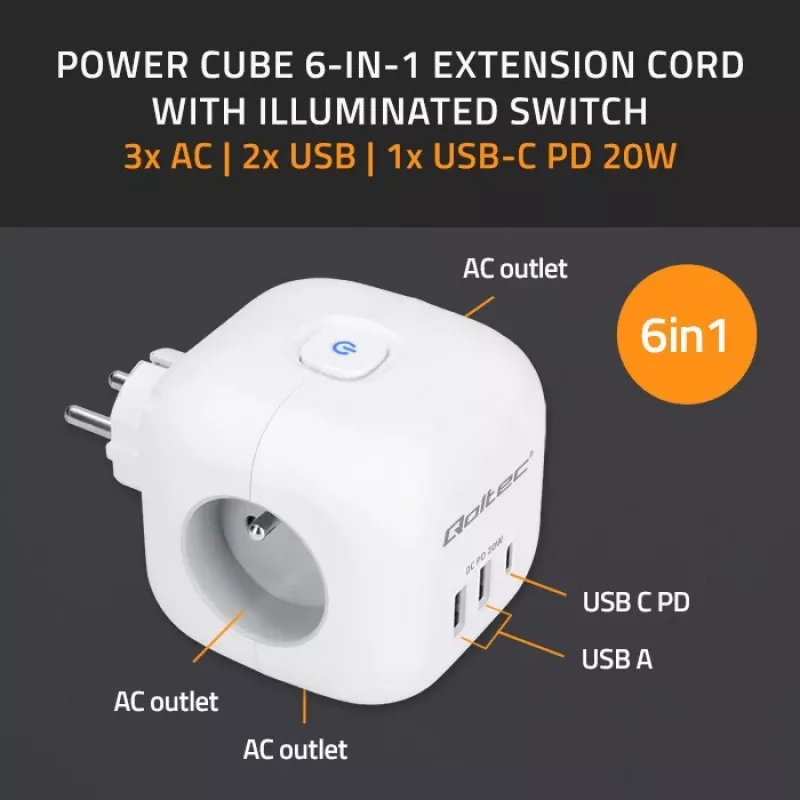 Listwa zasilająca QOLTEC 52548 z 3 gniazdami AC i portem USB