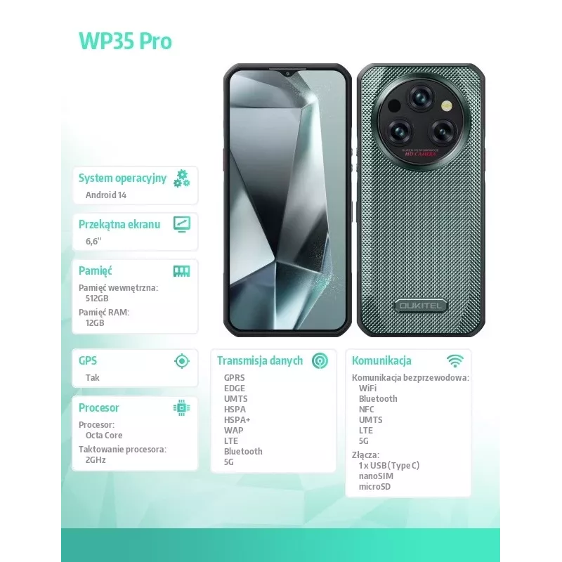 Smartfon Oukitel WP35 Pro 6.52 cala 12GB/512GB Zielony