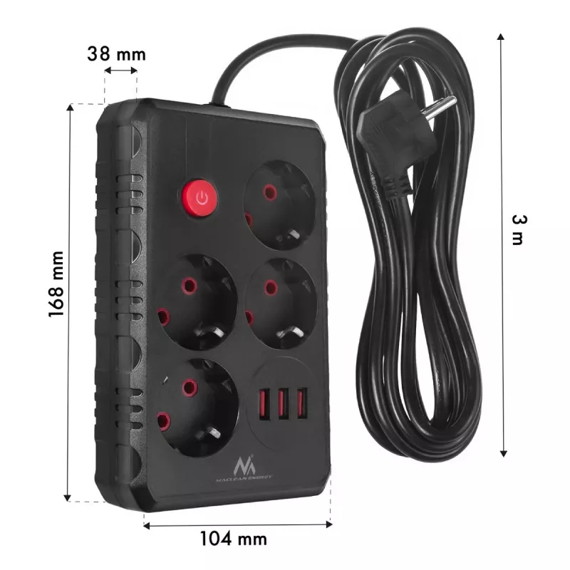 Listwa zasilająca MACLEAN MCE393 B — 4 gniazda, 3×USB, 110–240 V, 2500 W, kabel 3 m, czarna