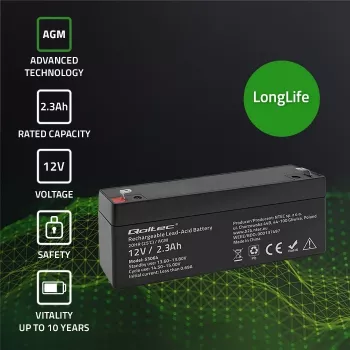 Szczelny akumulator AGM QOLTEC 12V 2,3Ah do UPS i systemów rezerwowych, maks. rozładowanie 34,5A