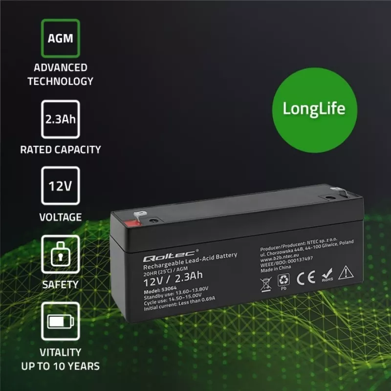 Szczelny akumulator AGM QOLTEC 12V 2,3Ah do UPS i systemów rezerwowych, maks. rozładowanie 34,5A