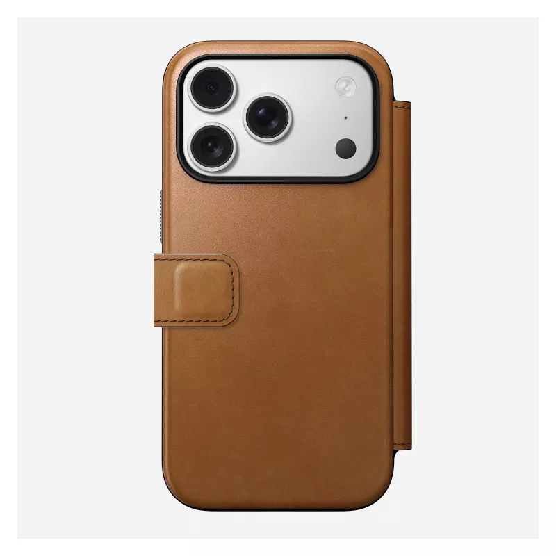 Etui z klapką Nomad Modern Leather Folio do iPhone 17 Pro, skóra + aluminium, 6,3 cala (16 cm), Tan, 3 kieszenie na karty