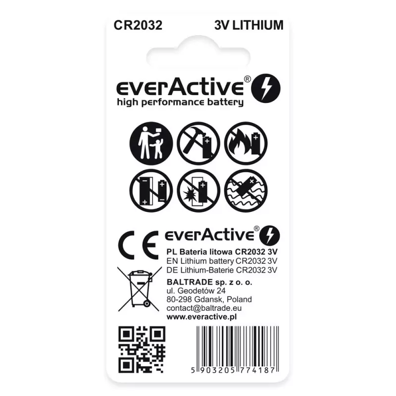 Bateria litowa pastylkowa everActive CR2032 — 3V, 20 mm, 2 szt. w blistrze