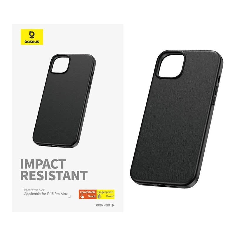 Etui na telefon Baseus iPhone 15 Pro Max Fauxther Series czarne — ochronna twarda skorupa, wykończenie z imitacji skóry