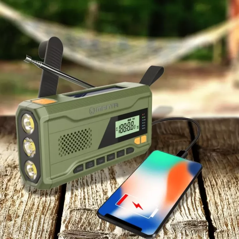 Przenośne radio FM MANTA RDI401G z panelem słonecznym, korbką dynamo, akumulatorem 4000–4500 mAh, wyjściem USB 5 V, 3 W, latarką