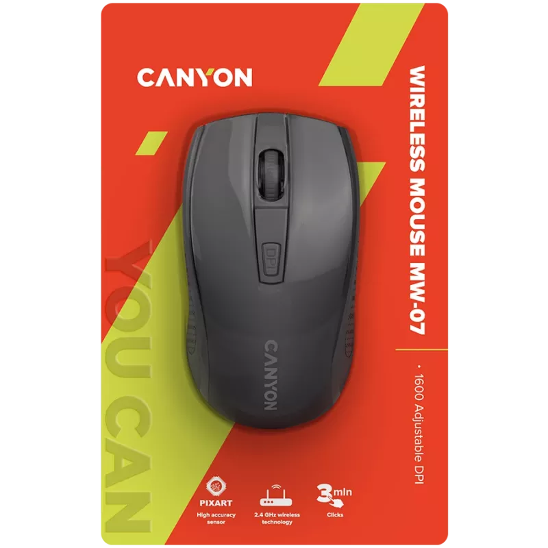 CANYON MW-7, 2.4Ghz wireless mysz, 6 buttons, DPI 800/1200/1600, with 1 AA bateria ,size 110*60*37mm,58g,Czarny