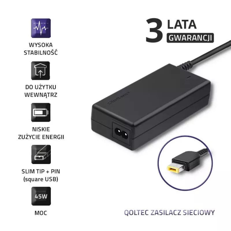 zasilacz sieciowy do laptopa Qoltec Lenovo 45W 20V 2,25A Slimtip + pin 50098.45W