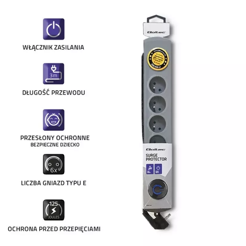 Listwa przeciwprzepięciowa Qoltec 50166 Szara 6 gniazd AC 230 V 3 m
