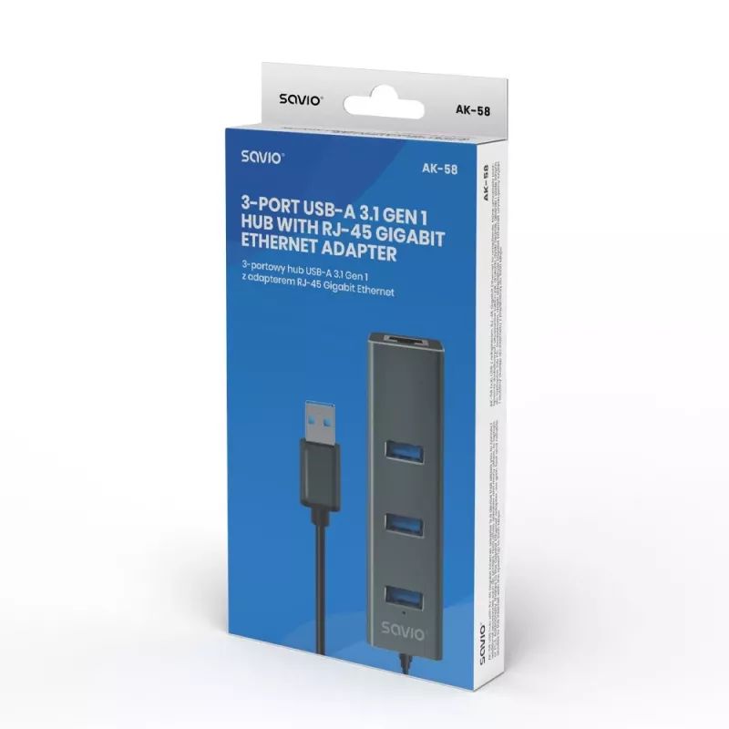 SAVIO USB-A hub z RJ-45 Gigabit Ethernet AK-57 — 3× USB-A + RJ-45, USB 3.2 Gen 1 Micro‑B host, 5 Gbit/s, 4 porty, szary