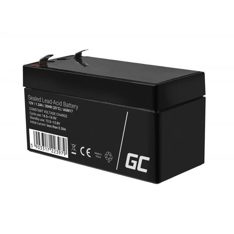 Akumulator bezobsługowy (VRLA) zielony Cell AGM17 12 V 1.2 Ah — wysokość 52 mm, 43×97 mm, 0.5 kg