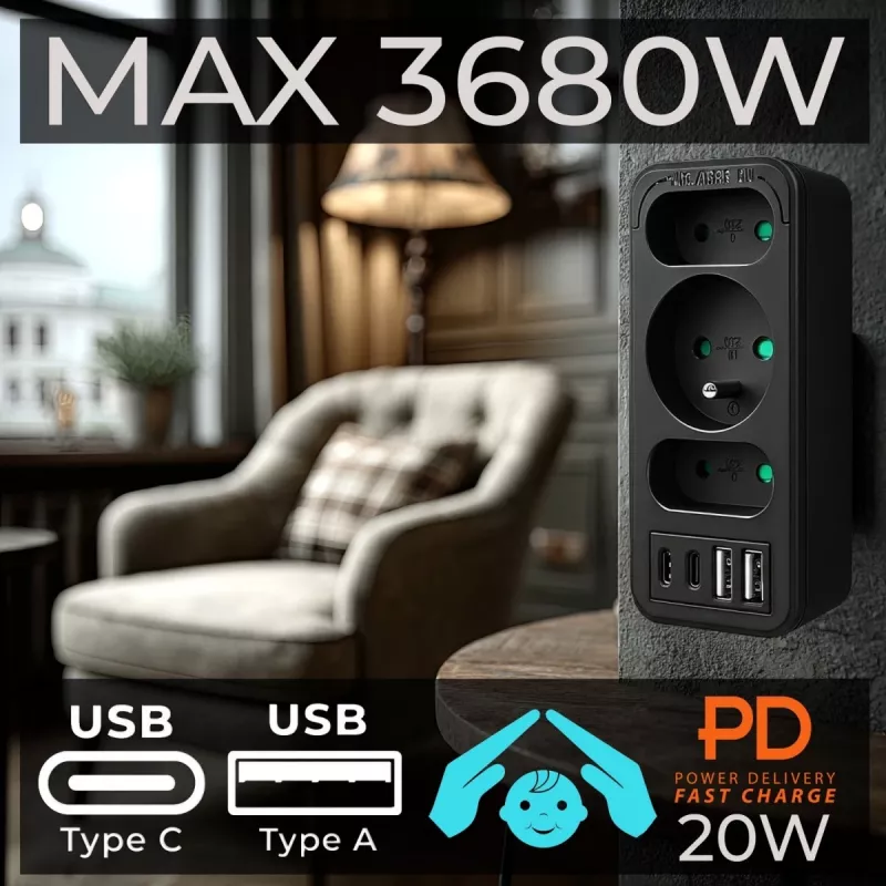 Rozgałęźnik zasilania MACLEAN MCE248 F/B — 3 gniazda AC (1x16A, 2x6A) i 4 porty USB (2xUSB‑A, 2xUSB‑C PD 20W), wtyczka EU, czarny