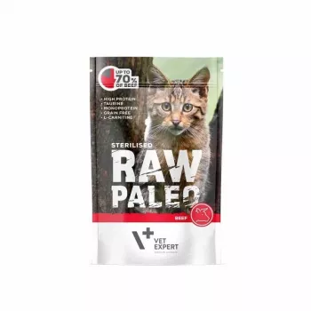 Mokra karma dla kota VETEXPERT RAW PALEO Adult Sterilised Beef 100 g saszetka, monoproteinowa, 78% wilgotności