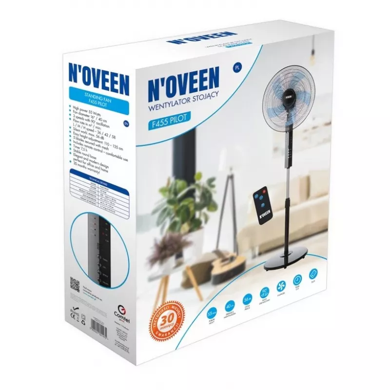 Wentylator stojący NOVEEN F455 16 cali (40 cm) z pilotem, 3 prędkościami, timerem, oscylacją, czarny