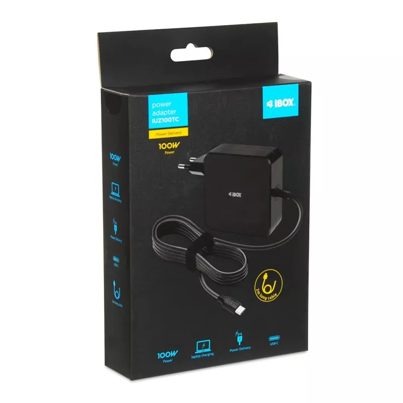Zasilacz sieciowy IBOX IUZ100TC 19V 3.42A (100W) wyjście USB‑C, kabel 2 m, czarny