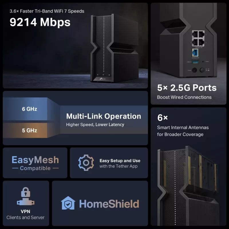 TP-Link Archer BE9300 trójzakresowy router Wi-Fi 7, Wi-Fi 7 (802.11be), trójzakresowy (2.4 GHz / 5 GHz / 6 GHz), Ethernet LAN, Czarny, router stacjonarny