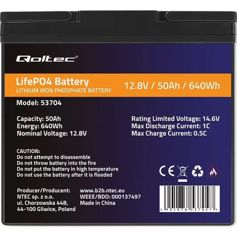 Akumulator LiFePO4 QOLTEC 12,8 V 50 Ah (model 53704) do zasilania awaryjnego i magazynowania energii