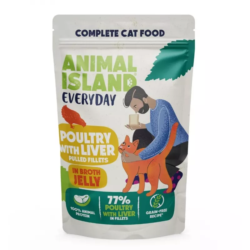 Karma mokra dla kota animal island Everyday — Cielęcina i drób z wątróbką, 4 saszetki x 85 g, 9,5% białka, 83% wilgotności
