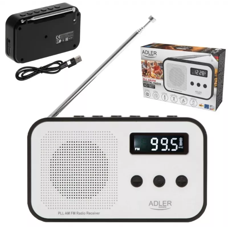 Przenośne radio cyfrowe Adler AD 1907 — AM/FM, tuner cyfrowy, alarm, USB-C, bateria 600 mAh, LCD, 20 ustawień, antena teleskopowa