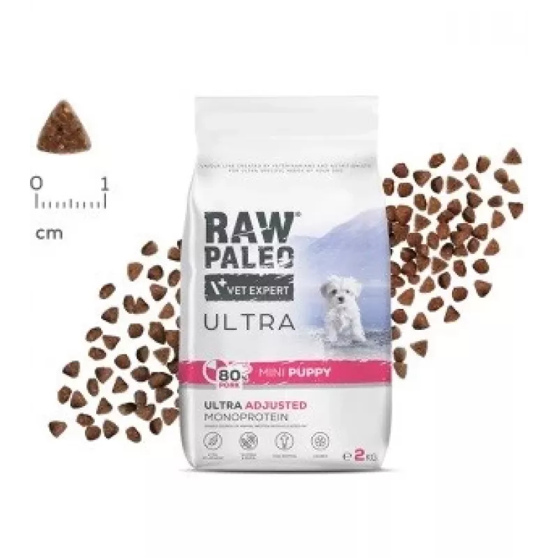 Sucha karma dla psów VETEXPERT RAW PALEO Ultra Mini Puppy Pork 2 kg — karma pełnoporcjowa dla szczeniąt ras mini i małych, 33% białka, 19% tłuszczu