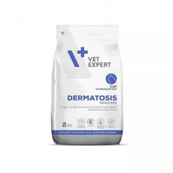 Sucha karma dla kota VETEXPERT Veterinary Diet Dermatosis Duck & Rice 2 kg — hipoalergiczna dieta weterynaryjna na problemy skórne, 32% białka, 18% tłuszczu