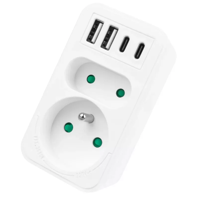 Rozdzielacz zasilania MACLEAN MCE249 F/W — 2x gniazda sieciowe (16A + 6A) i 4x USB (2x A, 2x C PD 20W)