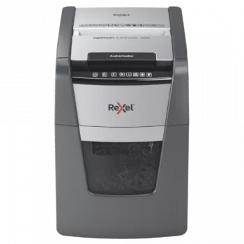 Niszczarka do papieru REXEL Optimum AutoFeed+ 100X — automatyczne podawanie 100 arkuszy, cięcie krzyżowe 4 x 28 mm, kosz 34 L, aluminium