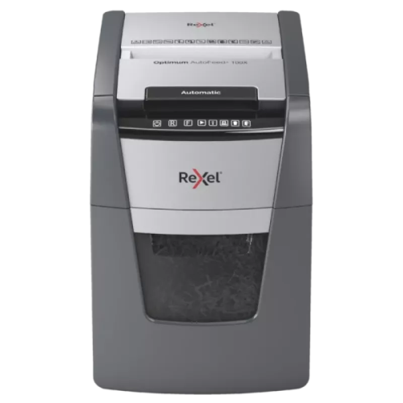 Niszczarka do papieru REXEL Optimum AutoFeed+ 100X — automatyczne podawanie 100 arkuszy, cięcie krzyżowe 4 x 28 mm, kosz 34 L, aluminium
