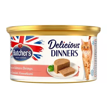 Mokra karma dla kotów Butcher's Mousse Delicious Dinners Łosoś i Krewetki 85 g, białko 9,5%, tłuszcz 4%