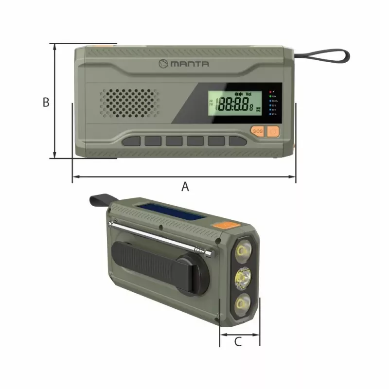 Przenośne radio FM MANTA RDI401G z panelem słonecznym, korbką dynamo, akumulatorem 4000–4500 mAh, wyjściem USB 5 V, 3 W, latarką