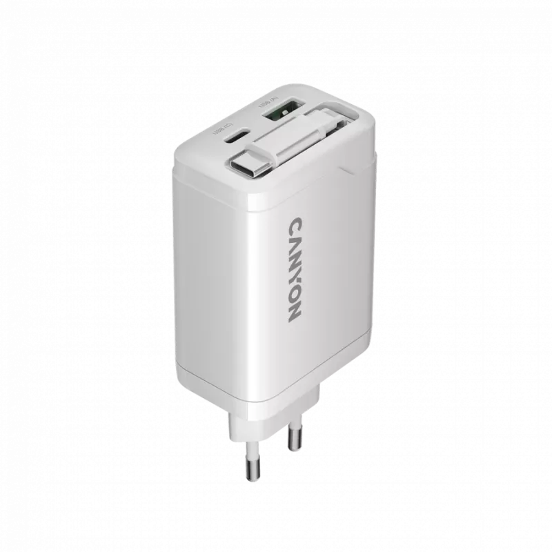 Ładowarka CANYON OnCharge 65RC z wbudowanym kablem USB-C 65W, 1x PD, 1x QC, wtyczka EU, biała