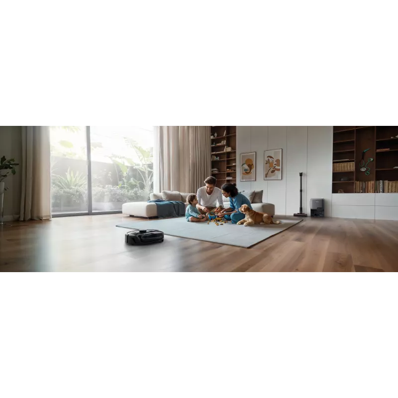 Robot odkurzający Eufy E20 Czarny — okrągły, stacja bazowa z workiem na kurz, 150 min pracy, średnica 35 cm