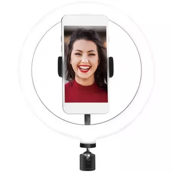 LogiLink AA0151 lampa pierścieniowa LED do smartfonów, Ø 200 mm, 3 tryby barwy światła, regulacja jasności, gwint statywowy 1/4 cala, z uchwytem na telefon, USB, kabel 1,8 m, czarna