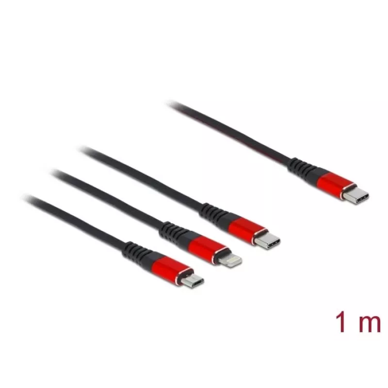 Kabel ładujący USB DeLOCK 3 w 1 USB Type-C na Lightning Micro USB USB Type-C 1 m czarny czerwony