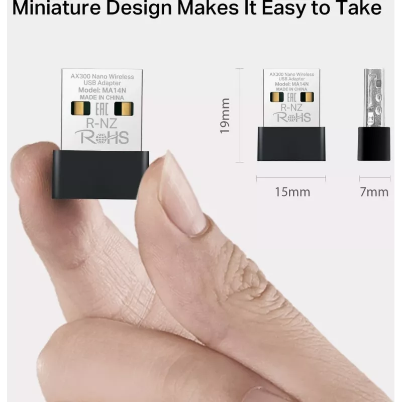 USB Wi‑Fi Adapter MERCUSYS MA14N — USB Type‑A, 2.4 GHz Single‑Band, up to 287 Mb/s, Czarny