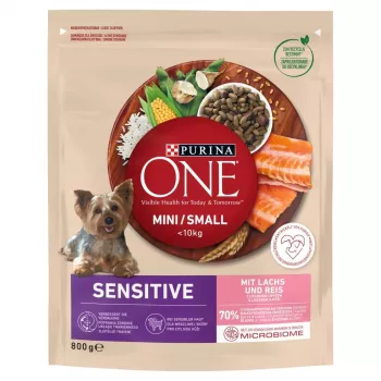 Sucha karma dla psa Purina Nestlé One Mini/Small Sensitive Łosoś i Ryż 800 g – dla małych ras (5–10 kg), senior, 27% białka, 17% tłuszczu