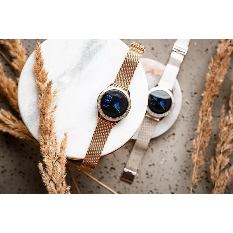 Smartwatch ORO-MED ORO-SMART CRYSTAL srebrny — okrągła metalowa obudowa, LCD 240×198, wyświetlacz 1.04 cala, Bluetooth 4.0, wodoodporny, bateria 120 mAh