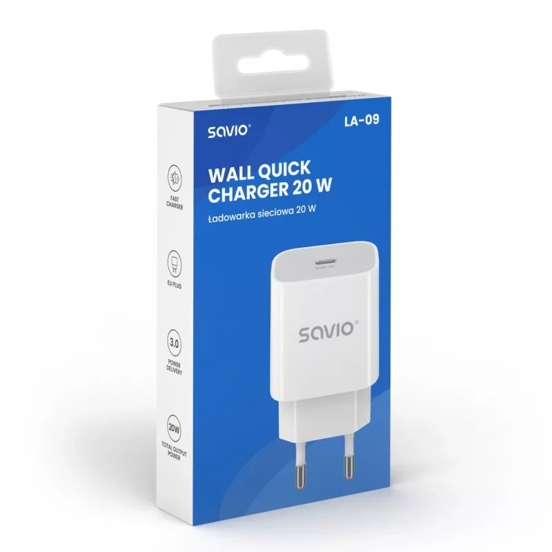 Ładowarka ścienna 20W LA-09 USB-C QC, PD 3.0 Savio SAVLA-09