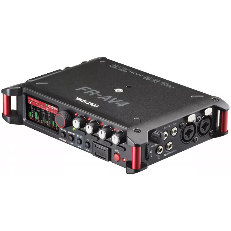 Przenośny rejestrator audio Tascam FR-AV4 — 6-kanałowy, 4 wejścia combo XLR + 2x 3,5 mm, 24/32-bit, 48/96/192 kHz, MicroSD do 512 GB, USB-C, PD