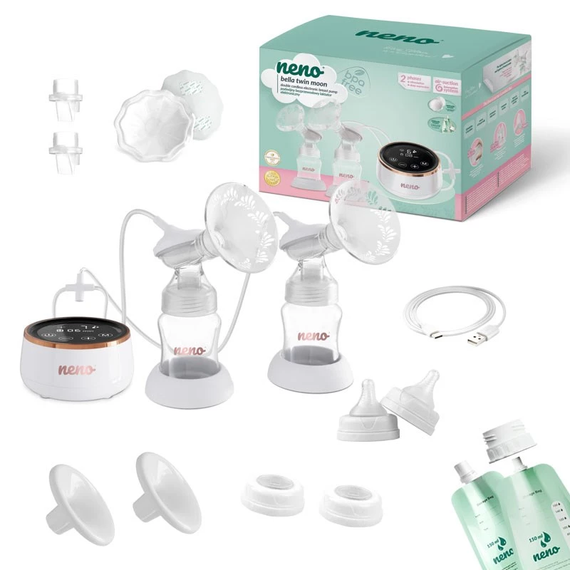 Elektryczny laktator dwustronny neno Bella Twin Moon — bezprzewodowy, dwufazowy, wyświetlacz LCD, butelki 150 ml, perłowy