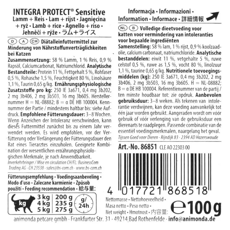 Mokra karma dla kota animonda Integra Protect Sensitive Mature Lamb & Rice 100 g, bezzbożowa, bezglutenowa, bez cukru