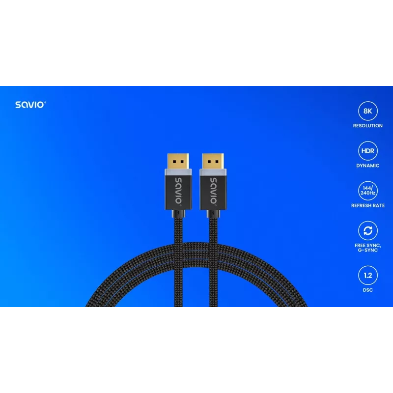 Kabel DisplayPort SAVIO CL-166 2 m Czarny — DisplayPort 1.4, męsko-męski, pozłacane styki